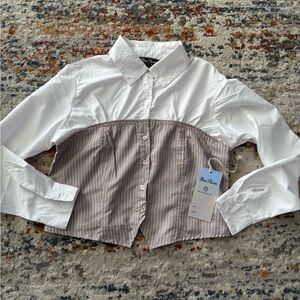 White and gray Striped Button-Up Shirt